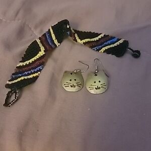 Beaded Bracelet and Cat Earrings Set
